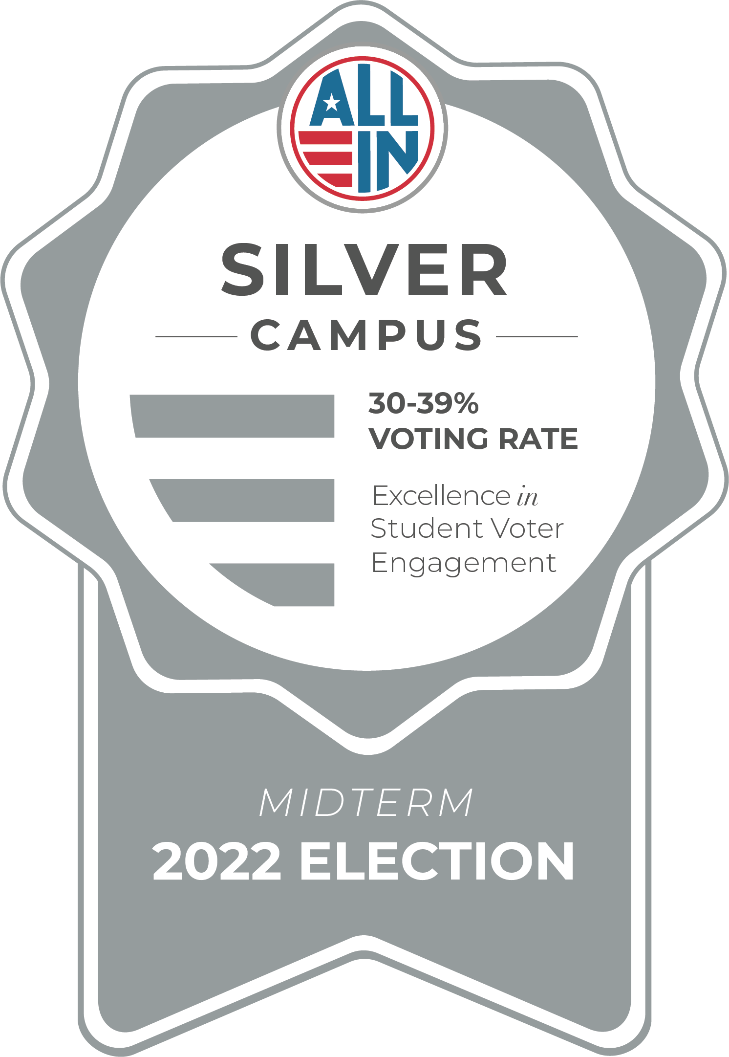 All In Silver Seal for Excellence in Student Voter Engagement 2022 Midterm Election