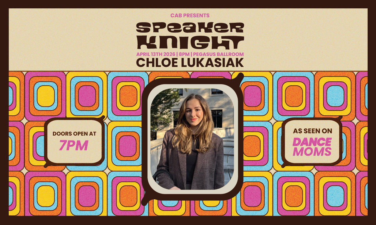 Poster for "Comedy Knight" with Ms. Pat on 04/02/2025 at The Venue, UCF. Doors open 7:00 PM, show at 8:00 PM. Tickets: Free with UCF ID, $25 general public. Presented by CAB.