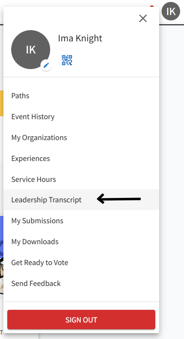 Profile dropdown menu showing Leadership Transcript with arrow pointing to it.