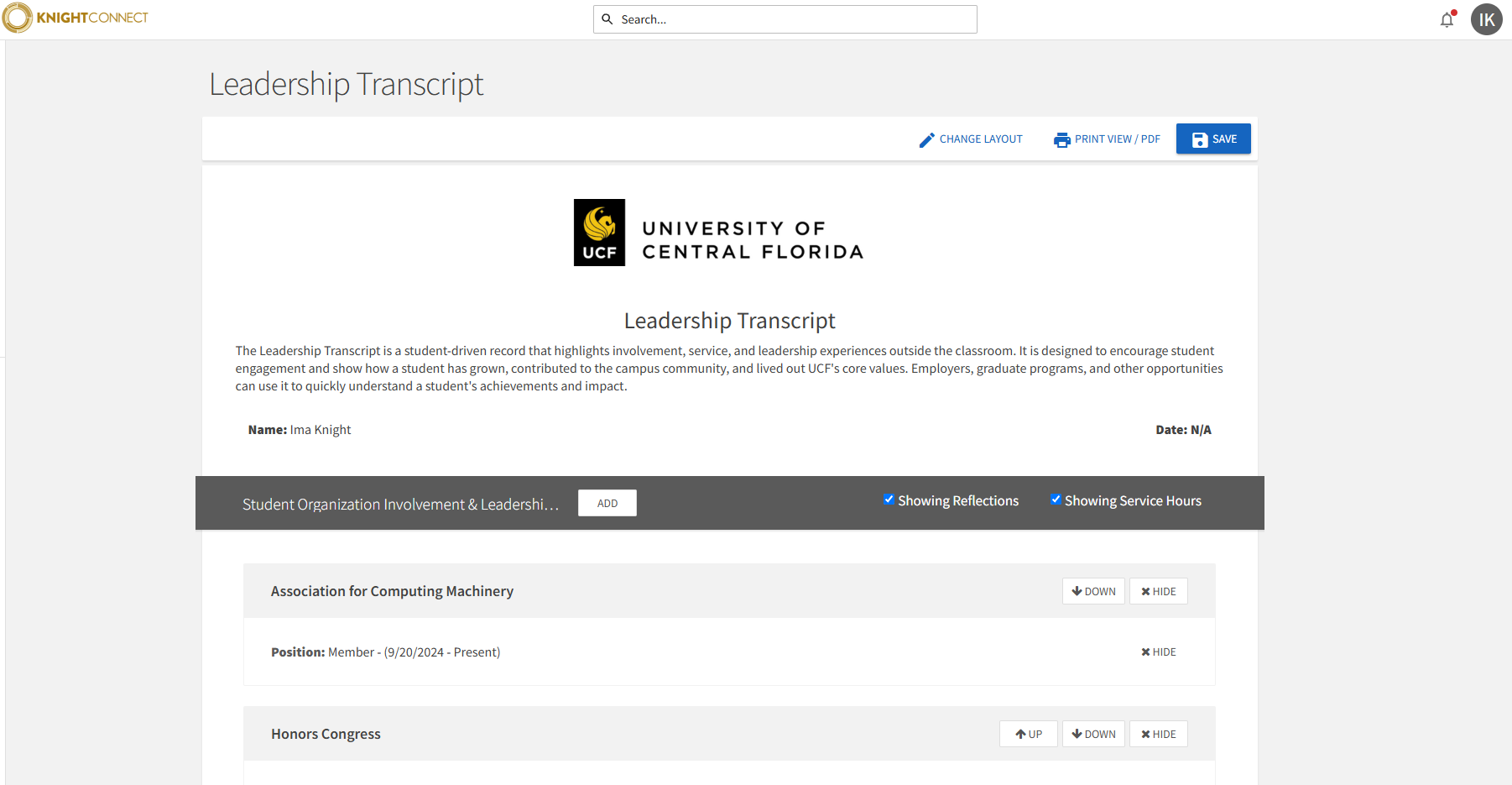 Image of Ima Knight's Leadership Transcript showing active clubs/positions.